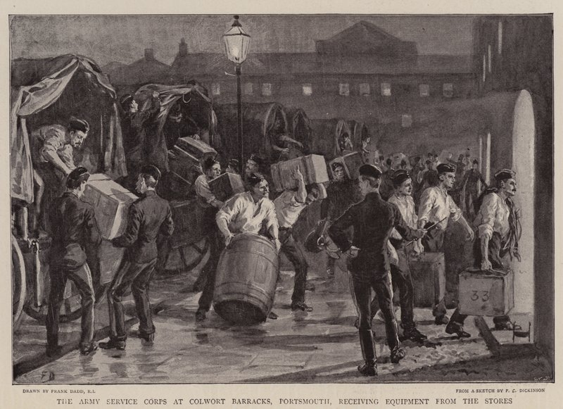 Portsmouth, Colwort Kışlasındaki Ordu Hizmet Birlikleri Mağazalardan Ekipman alıyor by Frank Dadd
