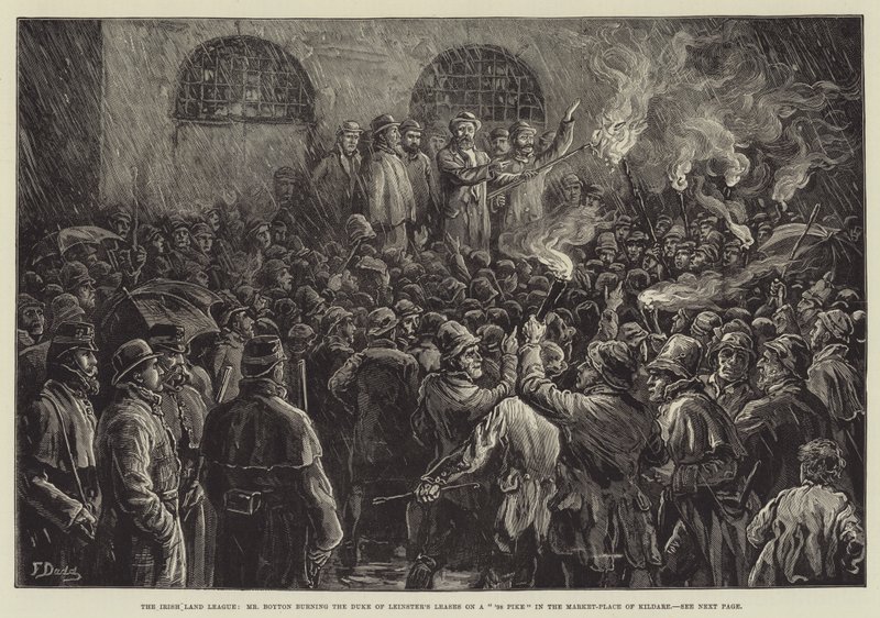 İrlanda Toprak Birliği, Bay Boyton, Leinster Dükü'nün Kira Sözleşmesini Kildare Pazar Yeri'nde 98'li bir Pike'da yakıyor. by Frank Dadd