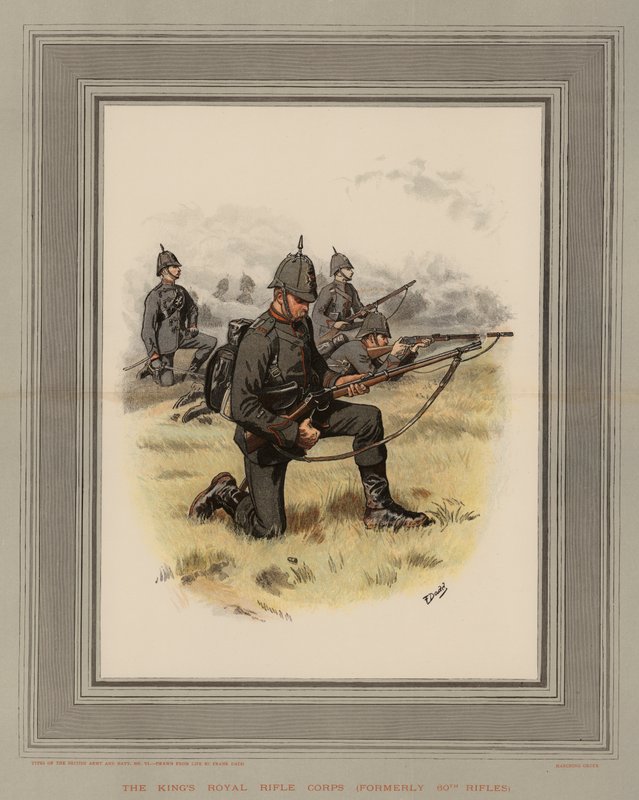 Kral Kraliyet Tüfek Kolordusu, eskiden 60. Tüfekler (chromolitho) by Frank Dadd