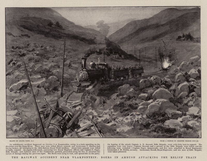 Vlakfontein yakınlarındaki Demiryolu Kazası, Pusudaki Boers Yardım Trenine saldırıyor by Frank Dadd