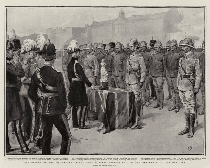 Q Pilinin Dönüşü RHA, Lord Roberts Subaylara Gümüş Heykelcik sunarken by Frank Dadd
