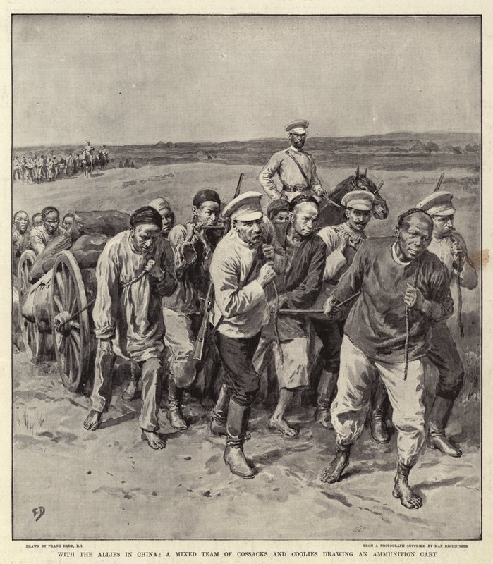 Çin'deki Müttefiklerle, bir Mühimmat Arabası çeken Karma bir Kazak ve Coolies Ekibi by Frank Dadd