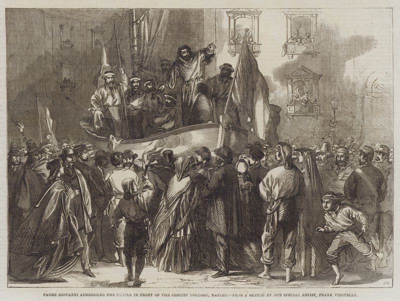 Padre Giovanni, Napoli, Cizvitler Koleji Önündeki İnsanlara Sesleniyor by Frank Vizetelly
