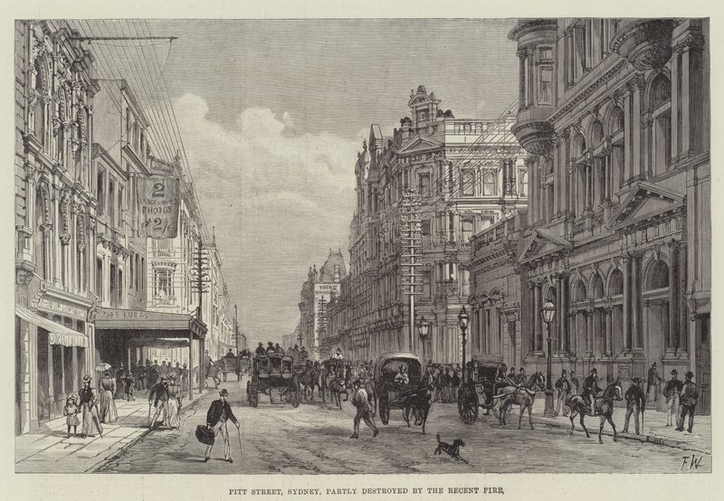 Pitt Street, Sidney, Son Yangın tarafından kısmen tahrip edildi by Frank Watkins