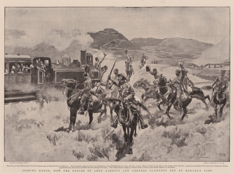 El ele tutuşarak, Lord Roberts ve General Clements'in Kuvvetleri Norval's Pont'ta nasıl bir araya geldi by Frank Craig