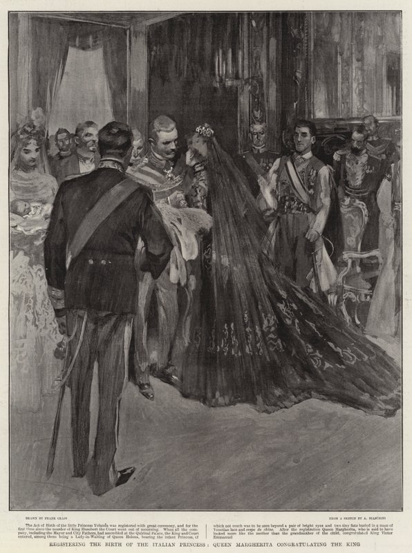 İtalyan prensesinin doğumunu kaydeden Kraliçe Margherita, Kralı tebrik ediyor by Frank Craig