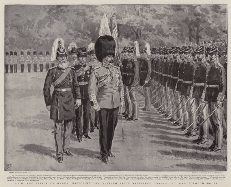 HRH ದಿ ಪ್ರಿನ್ಸ್ ಆಫ್ ವೇಲ್ಸ್ ಮಾರ್ಲ್‌ಬರೋ ಹೌಸ್ ಟರ್ಕ್‌ನಲ್ಲಿ ಮ್ಯಾಸಚೂಸೆಟ್ಸ್ ಆರ್ಟಿಲರಿ ಕಂಪನಿಯನ್ನು ಪರಿಶೀಲಿಸುತ್ತಿದ್ದಾರೆ by Frank Dadd