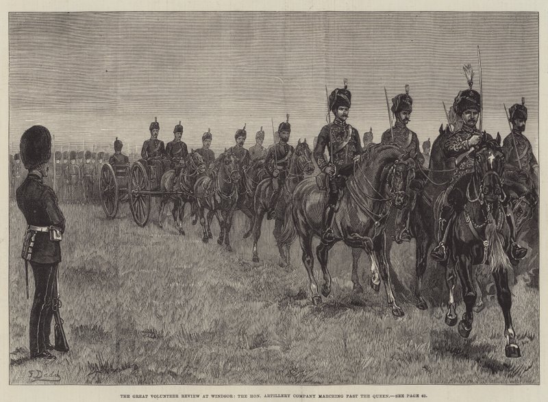 Windsor'daki Büyük Gönüllü İncelemesi, Kraliçe'nin yanından geçen Onurlu Topçu Bölüğü by Frank Dadd