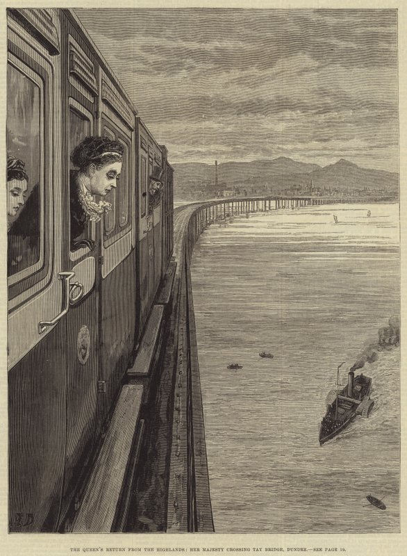 Kraliçe'nin Dağlık Bölgelerden Dönüşü, Majesteleri Tay Köprüsü, Dundee'yi geçiyor by Frank Dadd