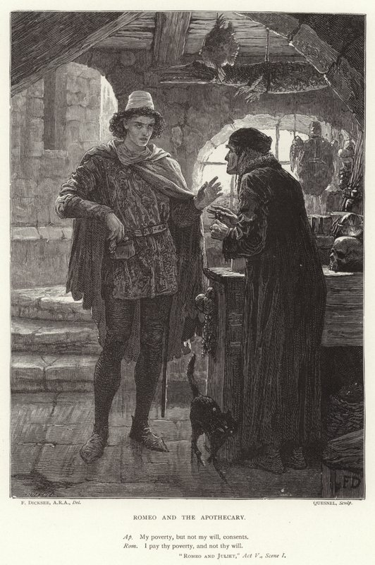 Romeo and the Apothecary, Romeo and Juliet, Act V, Scene I  by Frank Dicksee