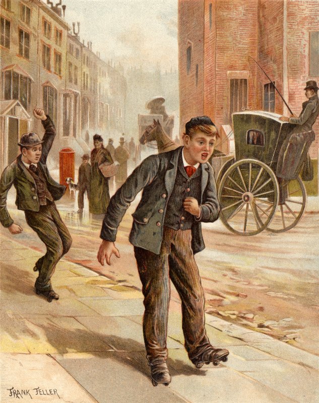 A doubtful turn, boy rollerskating (chromolitho) by Frank Feller