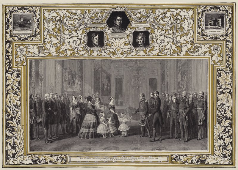 8 ಅಕ್ಟೋಬರ್ 1844 ಟರ್ಕ್‌ನ ವಿಂಡ್ಸರ್ ಕ್ಯಾಸಲ್‌ನಲ್ಲಿ ಹರ್ ಮೆಜೆಸ್ಟಿ ರಾಣಿ ಕಿಂಗ್ ಲೂಯಿಸ್ ಫಿಲಿಪ್ ಅವರನ್ನು ಸ್ವೀಕರಿಸಿದರು by Franz Xaver Winterhalter