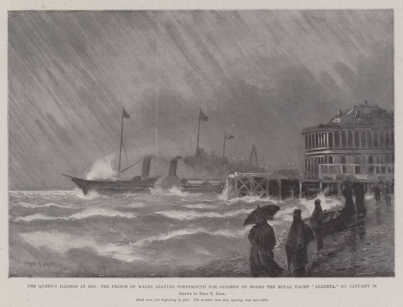 1901'de Kraliçe'nin Hastalığı, Galler Prensi, 19 Ocak'ta Royal Yacht Alberta'da Osborne'a gitmek üzere Portsmouth'tan ayrıldı. by Fred T. Jane