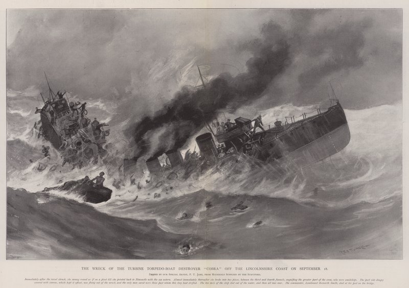 18 Eylül'de Lincolnshire Sahili açıklarında Türbin Torpido-Boat Muhrip Kobra'nın Enkazı by Fred T. Jane