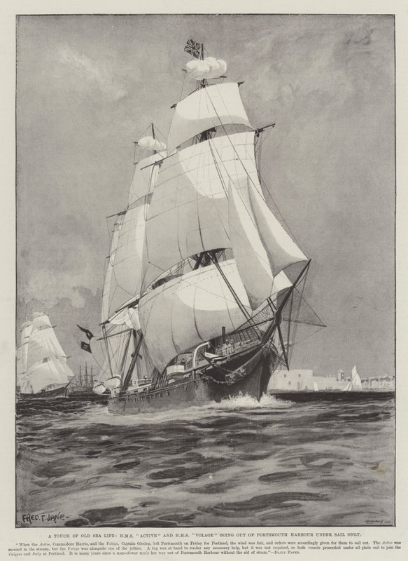 Eski Deniz Yaşamından Bir Dokunuş, HMS Active ve HMS Volage sadece Yelken altında Portsmouth Limanı'ndan çıkıyor by Fred T. Jane
