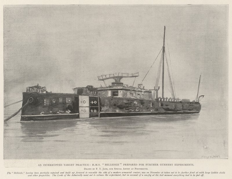 Kesintili Hedef Uygulaması, HMS Belleisle, daha ileri Topçu Deneyleri için hazırlandı by Fred T. Jane