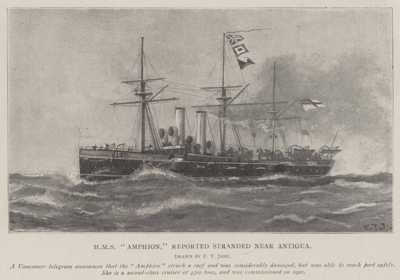 HMS ಆಂಫಿಯಾನ್, ಆಂಟಿಗುವಾ ಟರ್ಕ್ ಬಳಿ ಸಿಕ್ಕಿಬಿದ್ದಿದೆ ಎಂದು ವರದಿಯಾಗಿದೆ by Fred T. Jane