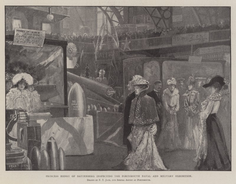 Battenberg Prensesi Henry, Portsmouth Donanma ve Askeri Sergisini teftiş ediyor by Fred T. Jane