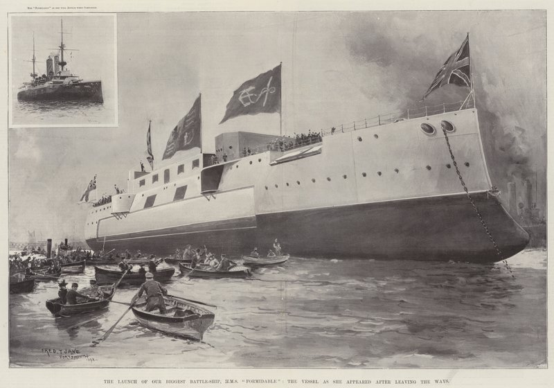 En Büyük Savaş Gemimiz HMS Formidable Yollardan Ayrıldıktan Sonra Ortaya Çıkan Geminin Fırlatılışı by Fred T. Jane