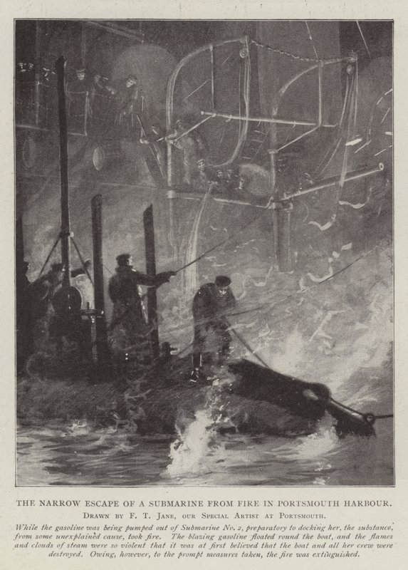 Portsmouth Limanı'nda Bir Denizaltının Yangından Dar Kaçış by Fred T. Jane