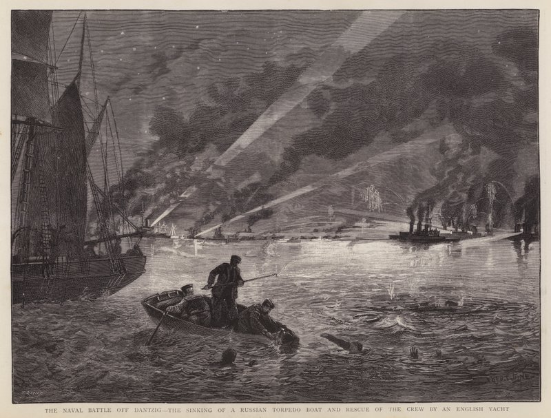 Dantzig deniz savaşı: bir Rus torpido botunun batması ve mürettebatın bir İngiliz yat tarafından kurtarılması (litho) by Fred T. Jane