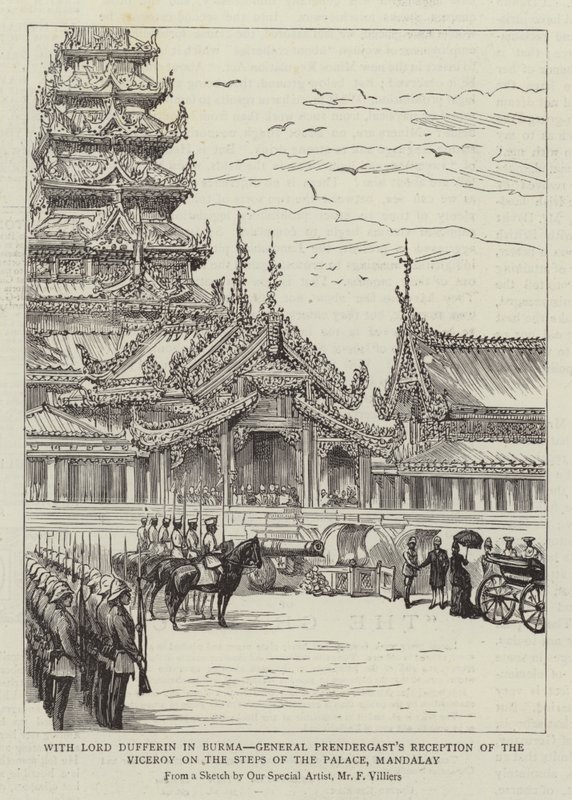 Lord Dufferin ile Burma'da, General Prendergast'ın Saray Basamakları'nda Valiyi Kabulü, Mandalay by Frederic Villiers