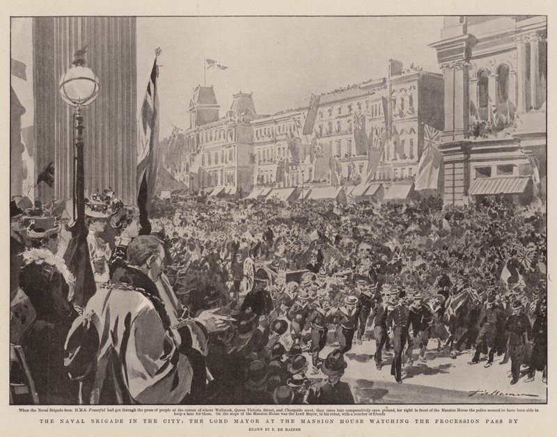 Şehirdeki Deniz Tugayı, Malikanedeki Lord Mayor, Geçit Törenini izliyor by Frederic de Haenen