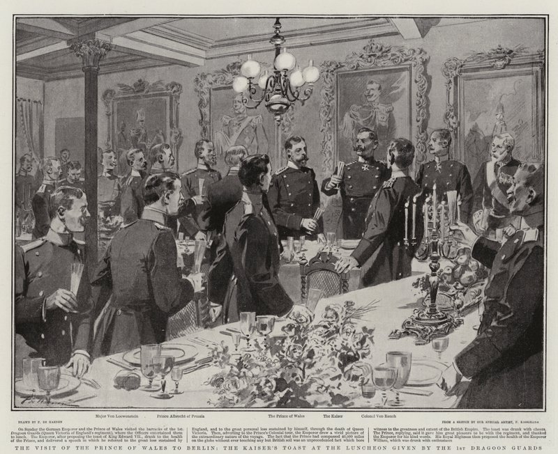 Galler Prensi'nin Berlin Ziyareti, 1. Ejderha Muhafızları tarafından verilen Öğle Yemeğinde Kayzer'in Tostu by Frederic de Haenen