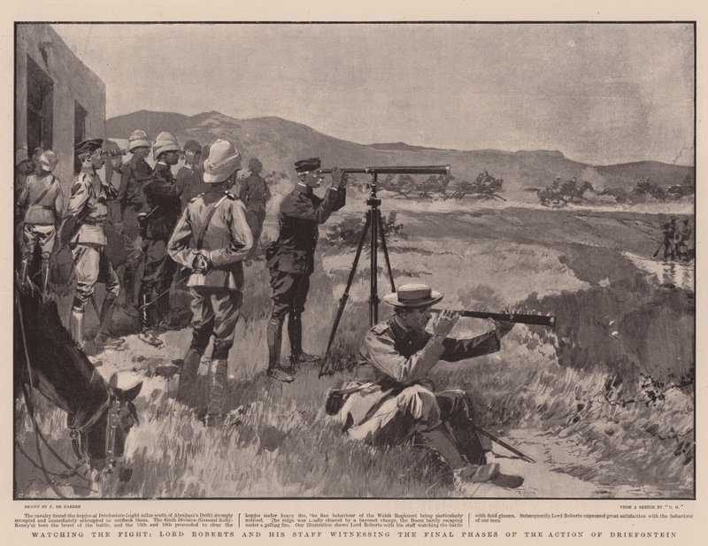 Dövüşü izlerken, Lord Roberts ve Ekibi, Driefontein Eyleminin Son Aşamalarına tanık oluyor by Frederic de Haenen
