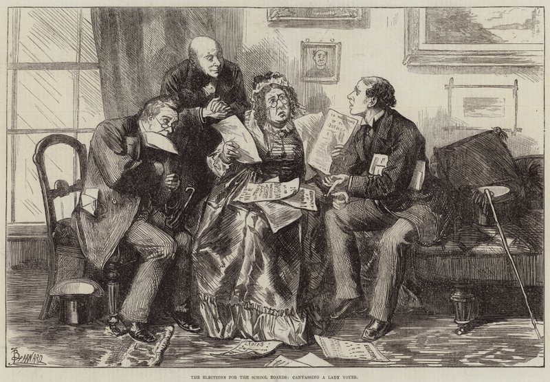 Bir Bayan Seçmenle görüşen Okul Kurulları Seçimleri by Frederick Barnard
