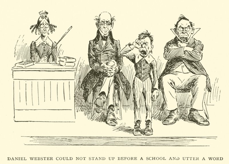 Daniel Webster bir okulun önünde ayağa kalkıp tek kelime söyleyemedi by Frederick Burr Opper