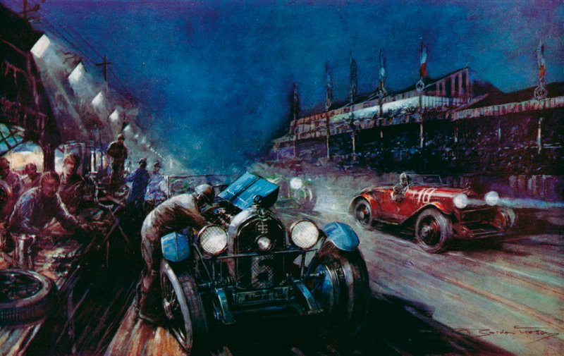Başarılı Lorraine-Dietrich arabalarından biri, Le Mans 24 saat yarışında (renkli lito) gece koşusu sırasında pite yeniden doluyor by Frederick Gordon (after) Crosby