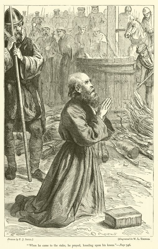 Kazığa gelince diz çökerek dua etti. by Frederick John Skill
