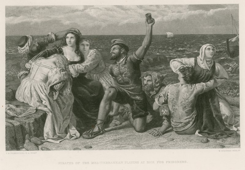 Akdeniz korsanları mahkumlar için zar atıyor (gravür) by Frederick Richard Pickersgill