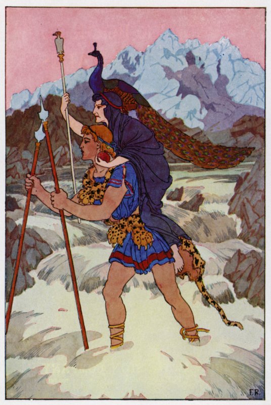 Yaşlı kadını yerden kaldıran Jason, azgın ve köpüklü akıntıya cesurca adım attı (renkli taş) by Frederick Richardson