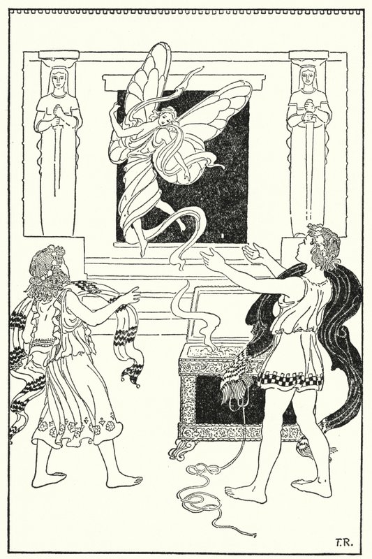 Çocuklar tekrar kapağı kaldırdı ve dışarı güneşli ve gülümseyen küçük bir şahsiyet (lito) uçtu. by Frederick Richardson