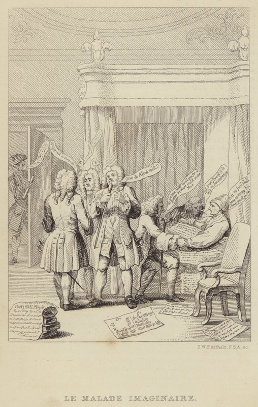 Le Malade Imaginaire: yazar ve botanikçi John Hill'i yatakta, hepsi ücretlerini güvence altına almaya kararlı bir dizi doktor tarafından danışılırken tasvir eden hiciv by Frederick William Fairholt