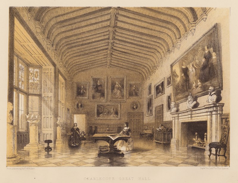 Charlecote Büyük Salon (aquatint) by Frederick William Hulme