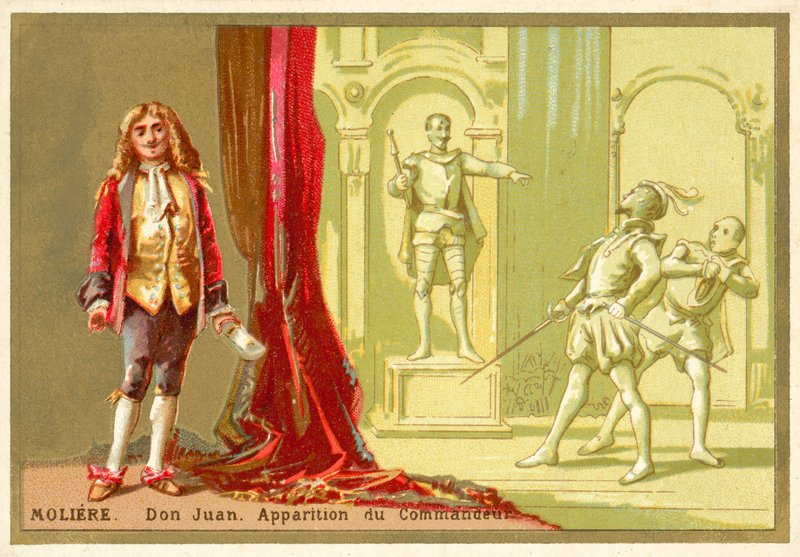Moliere, Fransız oyun yazarı ve Don Juan oyunundan bir sahne by French School