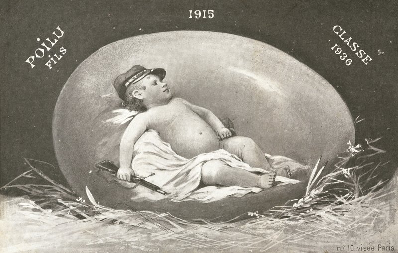 1915, yumurta içinde silahlı bebek askeri gösteren Paskalya kartı by French Photographer