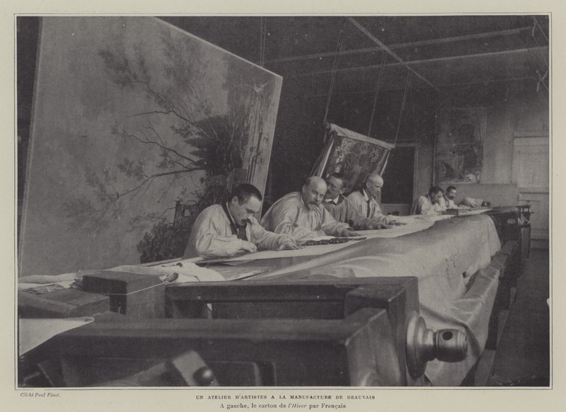 Fransa'daki Beauvais Goblen İmalatında sanatçıların atölyesi (s/b fotoğraf) by French Photographer