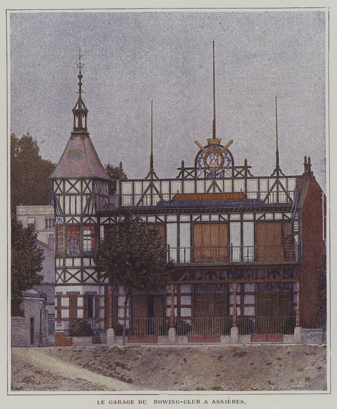 Societe des Regates Parisiennes kürek kulübünün kulüp binası, Asnieres, Paris, Fransa (renkli fotoğraf) by French Photographer