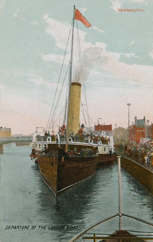 Yarmouth'daki Londra teknesinin kalkışı. 1913 yılında gönderilen kartpostal. by French Photographer