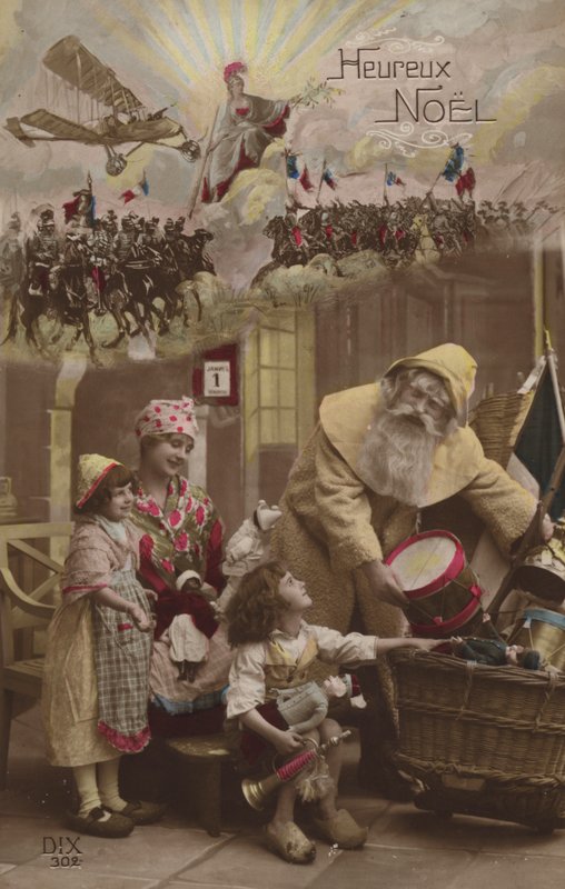 Arka planda Birinci Dünya Savaşı savaşı olan Noel Baba çocuklara hediyeler veriyor. by French Photographer