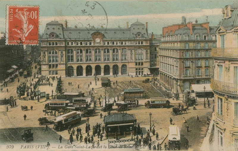 Gare St Lazare ve Cour de Rome, Paris. 1913 yılında gönderilen kartpostal. by French Photographer