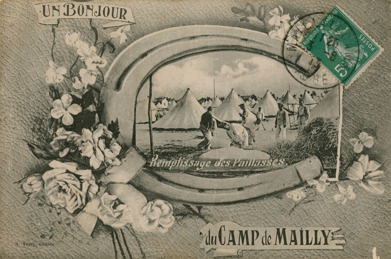 Camp de Mailly'den merhaba - dolgu hasır şilteler. 1913 yılında gönderilen kartpostal. by French Photographer