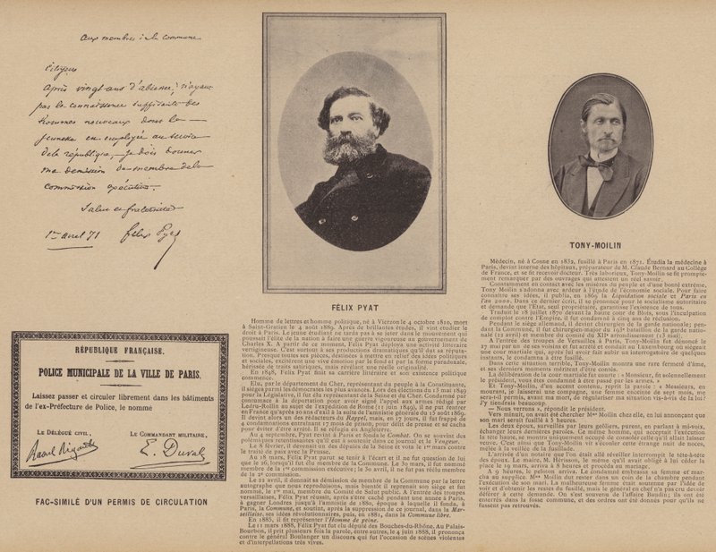 Paris Komünü, Dolaşım İzninin Faksimilesi, Felix Pyat, Tony-Moilin (s/b fotoğraf) by French Photographer