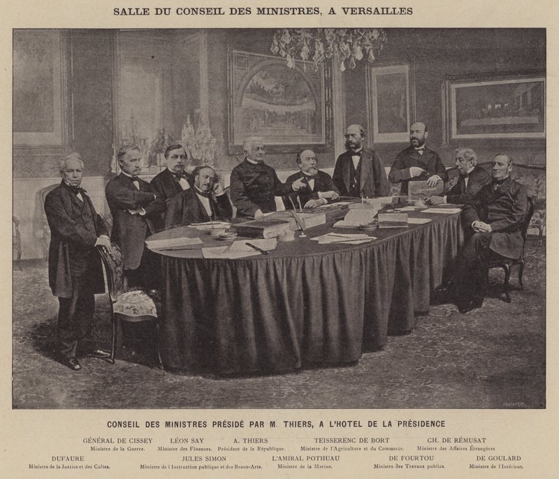 Paris Komünü, Bakanlar Kurulu Salonu, Versailles, Bakanlar Kurulu Başkanlığı M Thiers, Hotel De La Presidentence (s/b fotoğraf) by French Photographer
