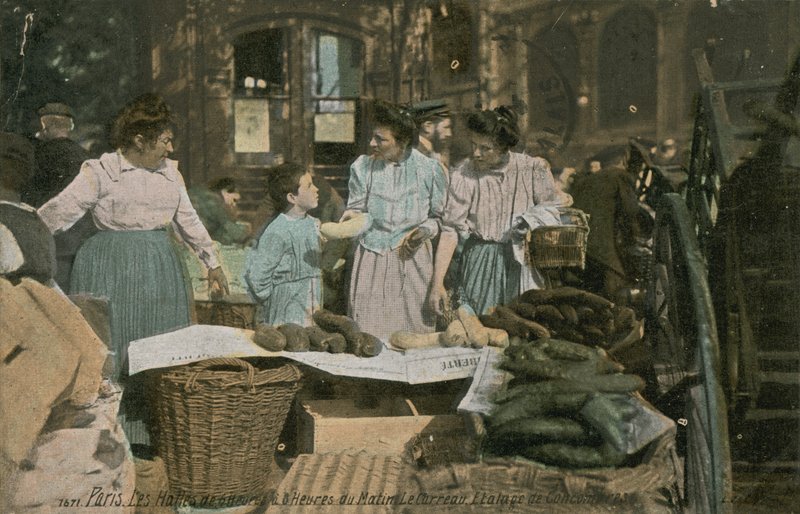Paris, Fransa'daki Les Halles'te pazar tezgahı. 1913 yılında gönderilen kartpostal. by French Photographer