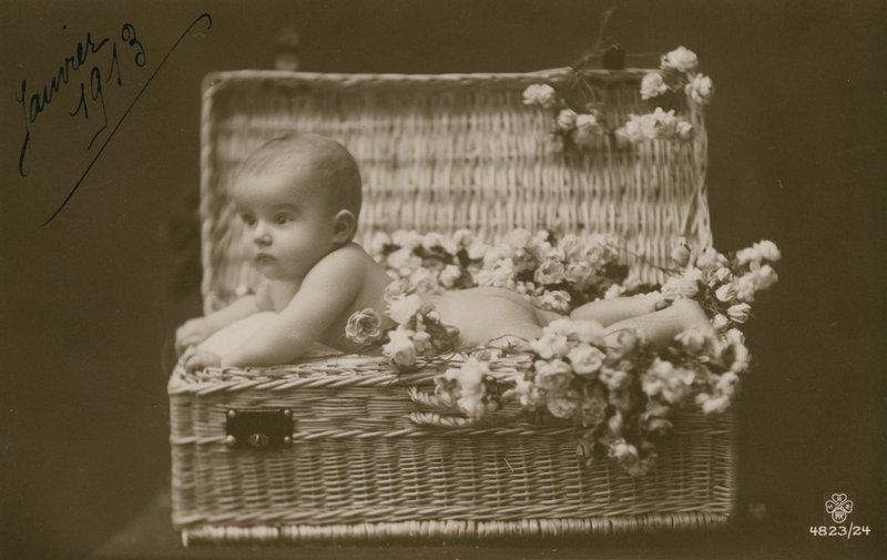 Ocak 1913'te gönderilmiş, çiçekli hasır sepet içinde bir bebek kartpostalı by French Photographer